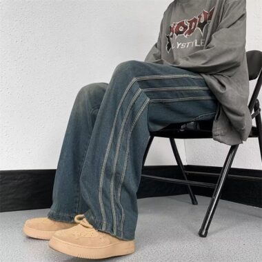 American vintage washed side stripe loose straight flared men jeans