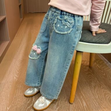 Korean style spring autumn straight wide leg girls children jeans