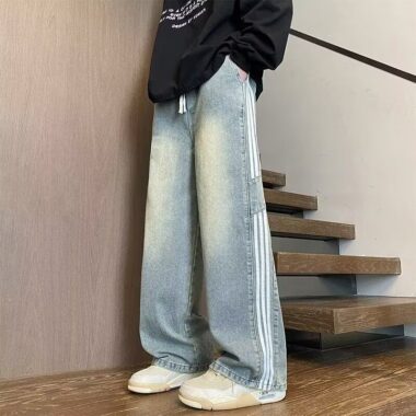 American stripe patchwork straight wide leg men jeans