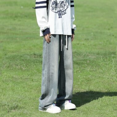 American vintage stripe patchwork loose wide leg men jeans