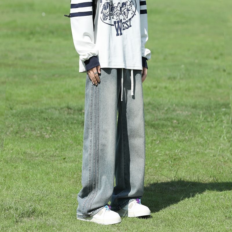 American vintage stripe patchwork loose wide leg men jeans