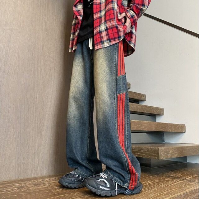 American stripe patchwork straight wide leg men jeans