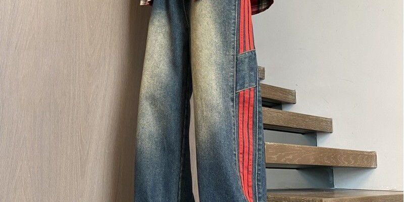 American stripe patchwork straight wide leg men jeans