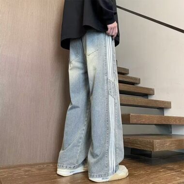 American stripe patchwork straight wide leg men jeans
