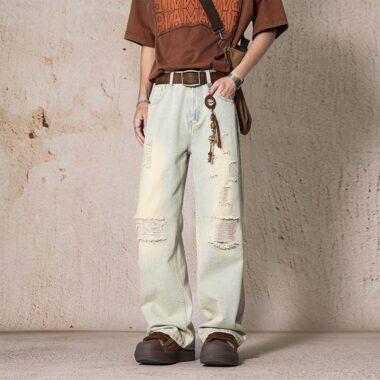 Summer American loose straight ripped men jeans