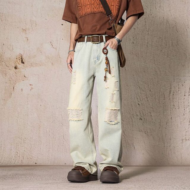 Summer American loose straight ripped men jeans