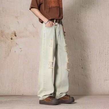 Summer American loose straight ripped men jeans