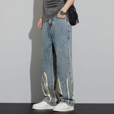 American breathable tie dye loose straight men jeans