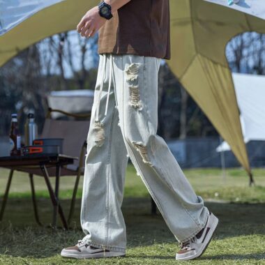 Vintage ripped loose straight wide leg American men jeans