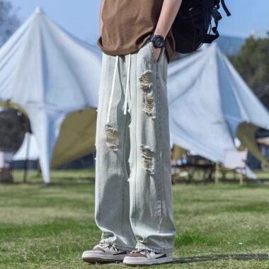 Vintage ripped loose straight wide leg American men jeans