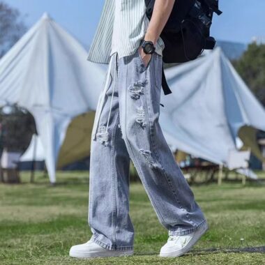 Vintage ripped loose straight wide leg American men jeans