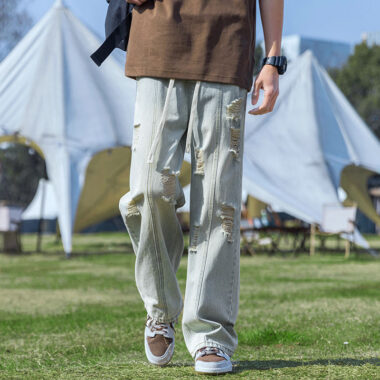 Vintage ripped loose straight wide leg American men jeans