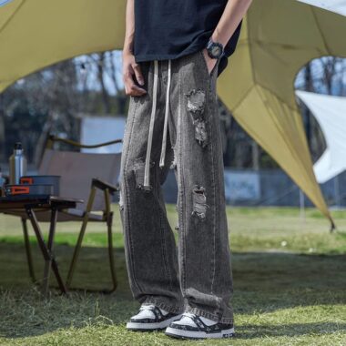 Vintage ripped loose straight wide leg American men jeans