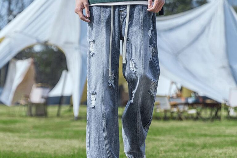 Vintage ripped loose straight wide leg American men jeans