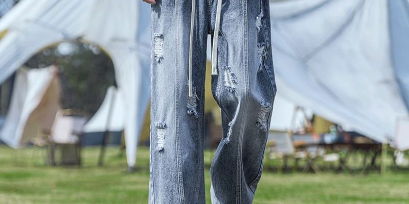 Vintage ripped loose straight wide leg American men jeans