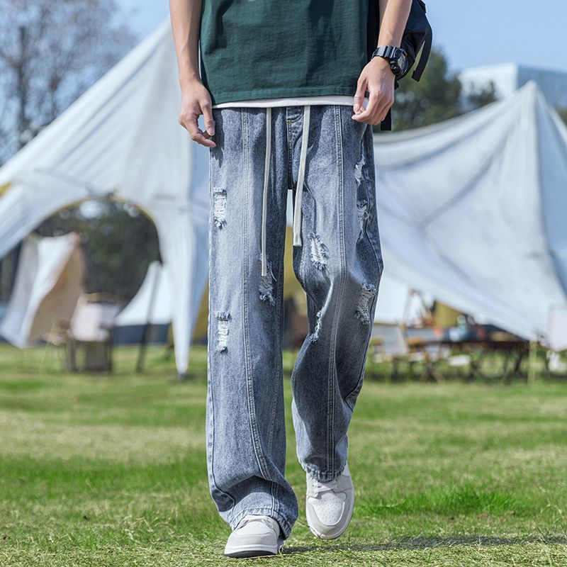 Vintage ripped loose straight wide leg American men jeans