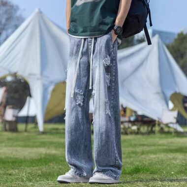 Vintage ripped loose straight wide leg American men jeans