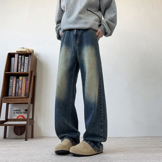 Washed vintage American loose wide leg men jeans