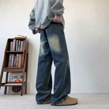Washed vintage American loose wide leg men jeans