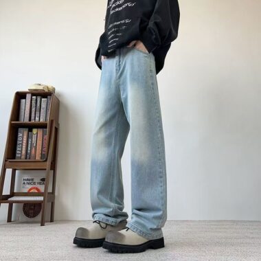 Washed vintage American loose wide leg men jeans