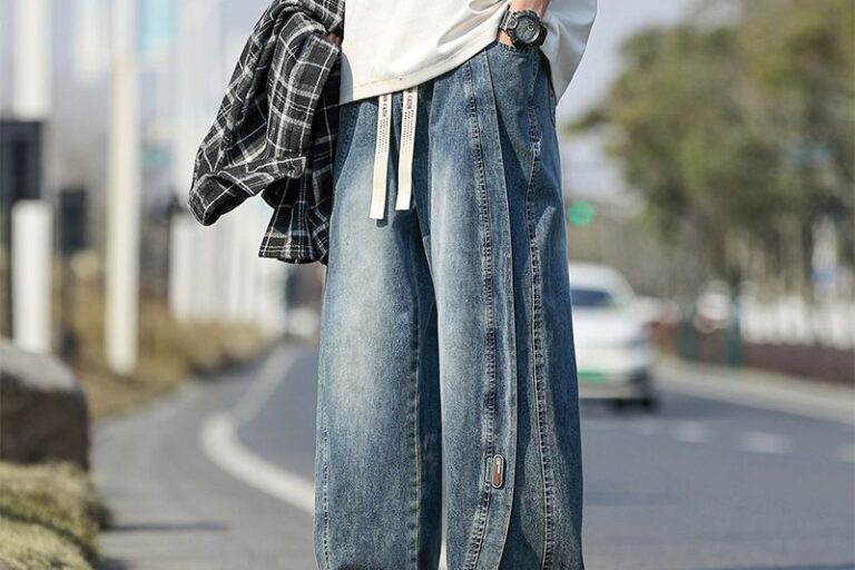 Plus size vintage American loose wide leg men jeans