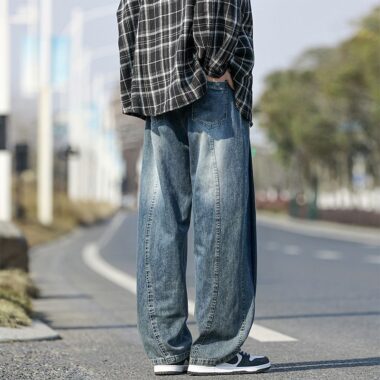 Plus size vintage American loose wide leg men jeans