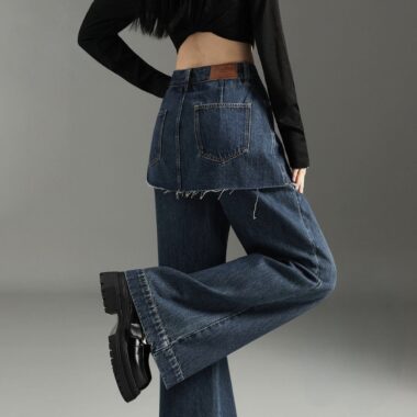 Dark blue vintage fake layered high waist wide leg women jeans