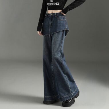Dark blue vintage fake layered high waist wide leg women jeans