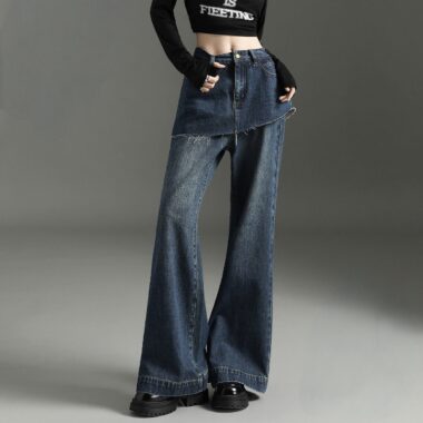 Dark blue vintage fake layered high waist wide leg women jeans