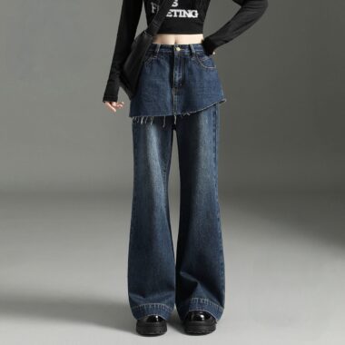 Dark blue vintage fake layered high waist wide leg women jeans