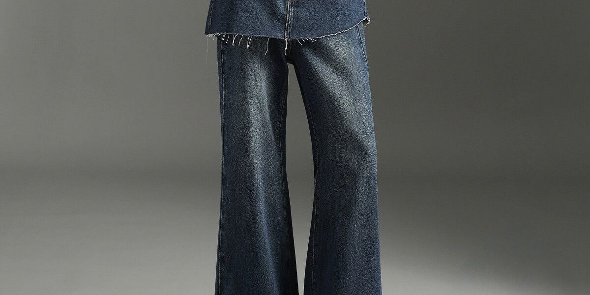 Dark blue vintage fake layered high waist wide leg women jeans