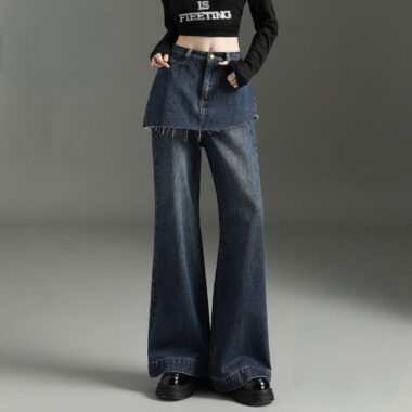 Dark blue vintage fake layered high waist wide leg women jeans
