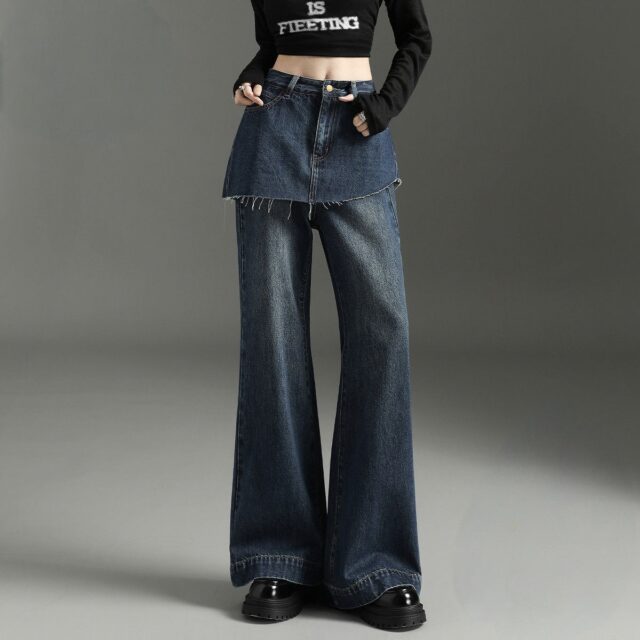 Dark blue vintage fake layered high waist wide leg women jeans