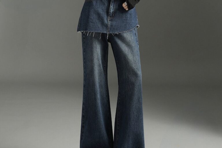 Vintage dark blue high waist wide leg women jeans (5) Dark blue vintage fake layered high waist wide leg women jeans