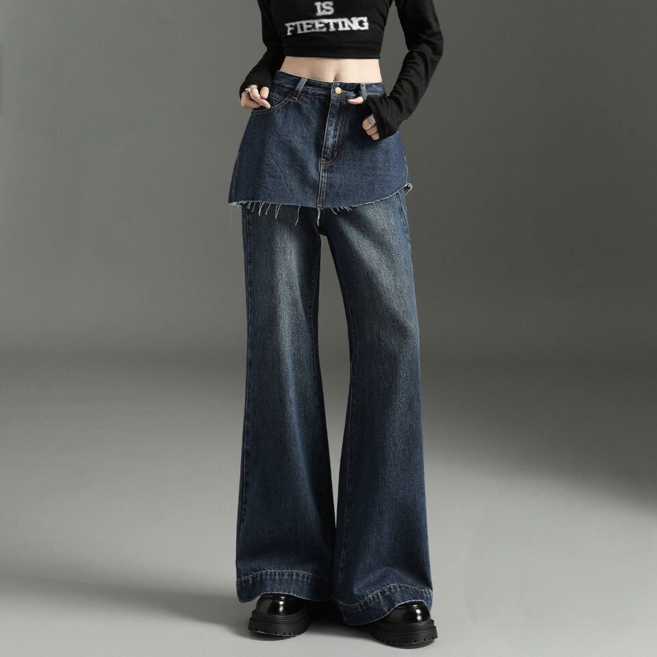 Dark blue vintage fake layered high waist wide leg women jeans