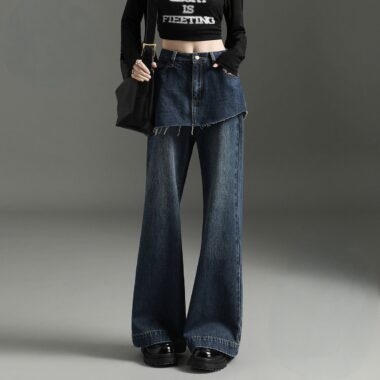 Dark blue vintage fake layered high waist wide leg women jeans