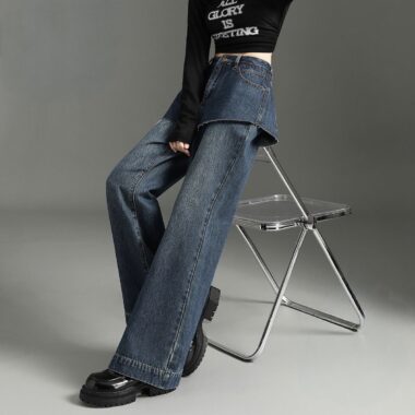 Dark blue vintage fake layered high waist wide leg women jeans