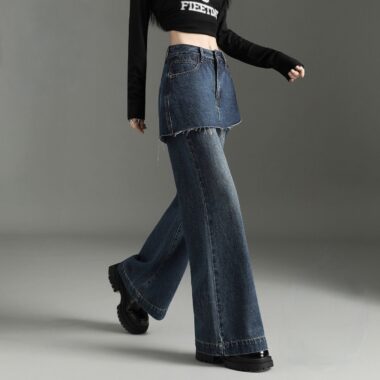Dark blue vintage fake layered high waist wide leg women jeans
