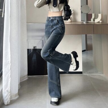 American vintage high waist distressed flare women jeans