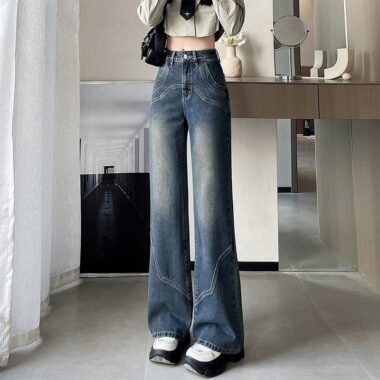 American vintage high waist distressed flare women jeans