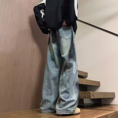 American vintage ripped washed loose wide leg men jeans