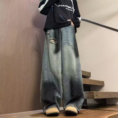 American vintage ripped washed loose wide leg men jeans