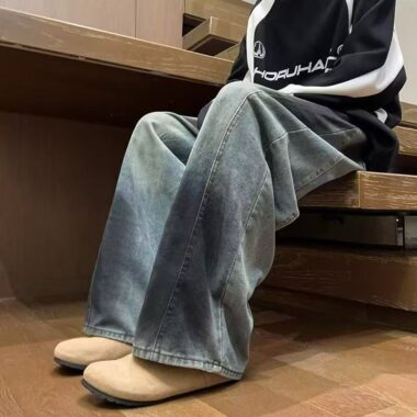 American vintage ripped washed loose wide leg men jeans