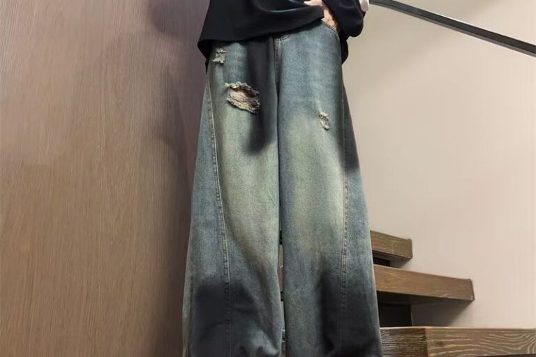 American vintage ripped washed loose wide leg men jeans