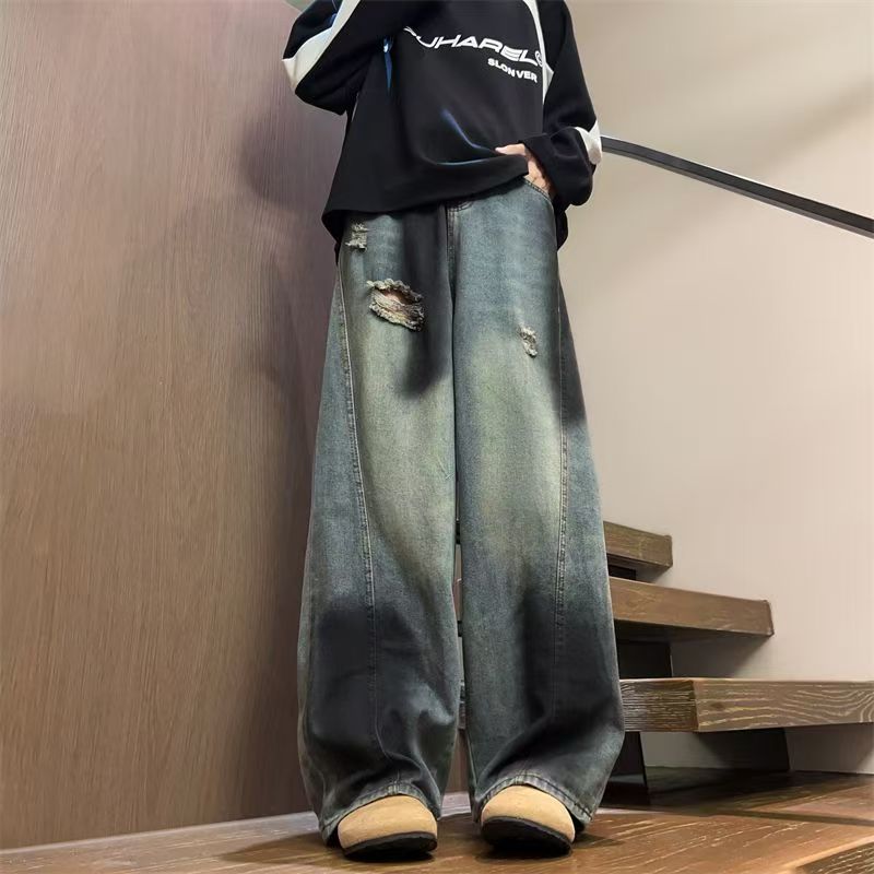 American vintage ripped washed loose wide leg men jeans