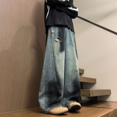 American vintage ripped washed loose wide leg men jeans