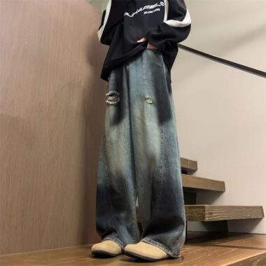 American vintage ripped washed loose wide leg men jeans