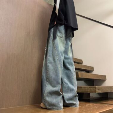 American vintage ripped washed loose wide leg men jeans