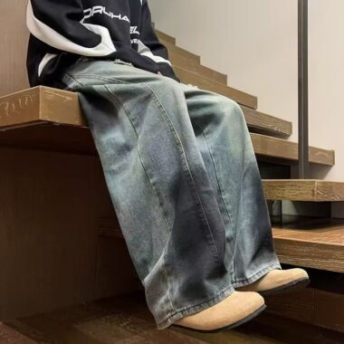 American vintage ripped washed loose wide leg men jeans