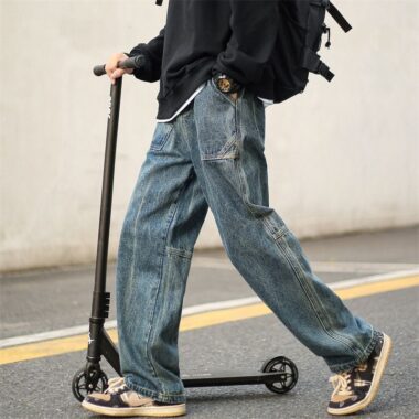 Japanese vintage washed loose straight men jeans